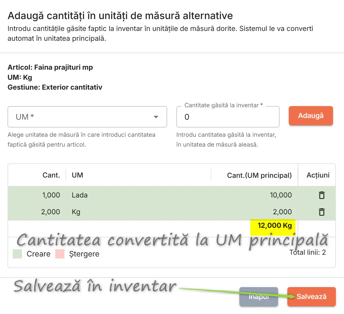 Cantitatea convertită la UM principală Cantitatea convertită la UM principală