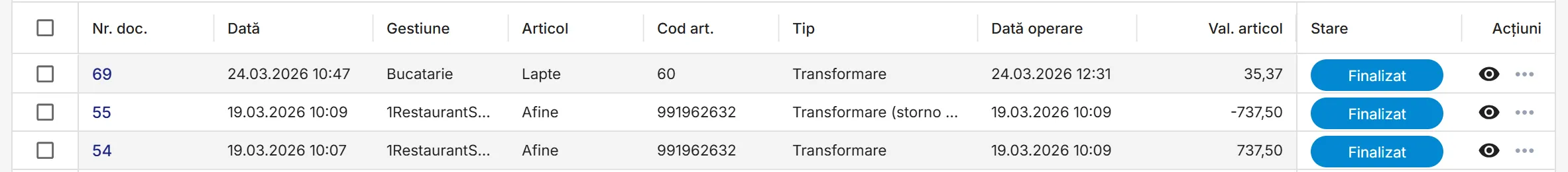 Lista tuturor documentelor de transformare