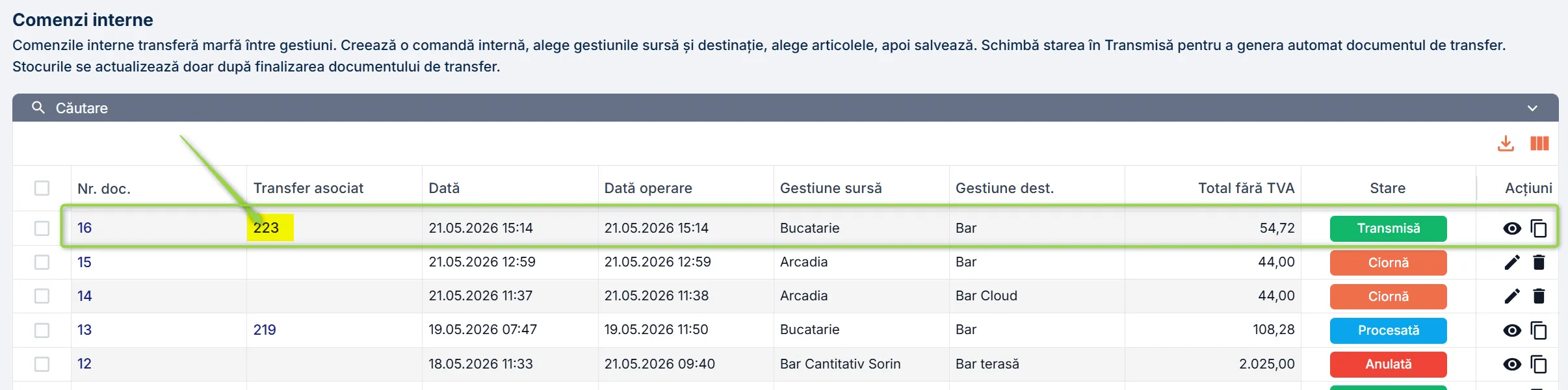 Apasă numărul din coloana Transfer asociat