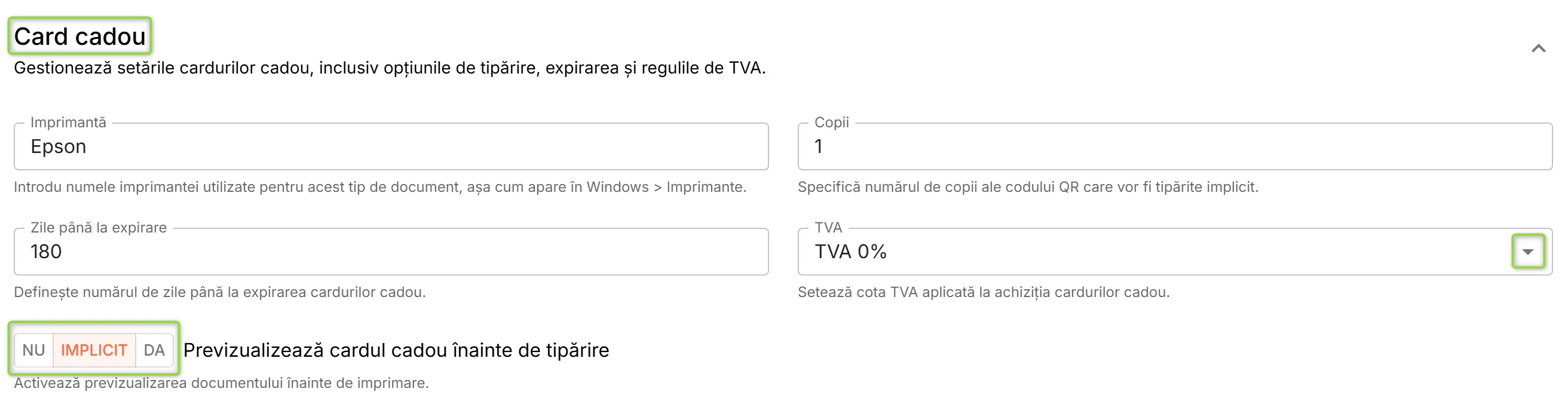 Secțiunea Card cadou