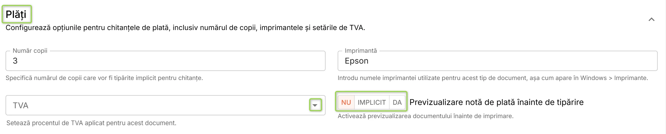 Secțiunea Plăți