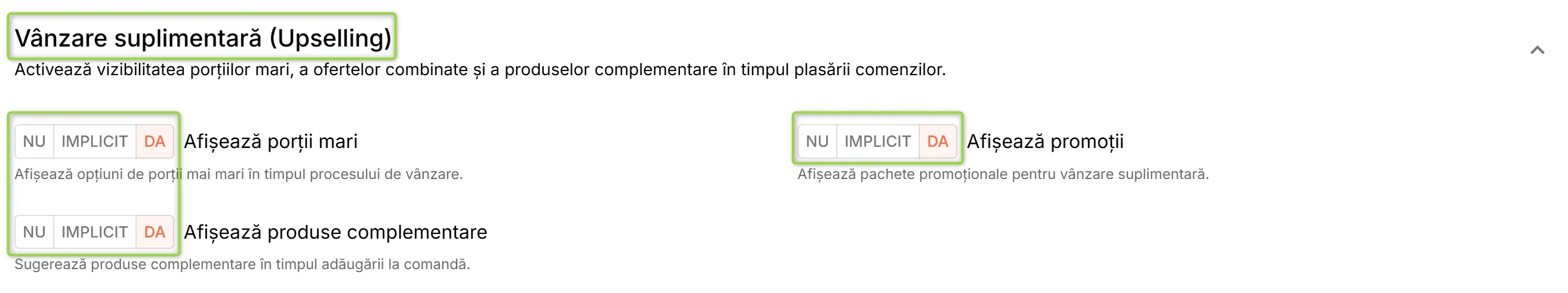 Secțiunea Vânzare suplimentară (Upselling)
