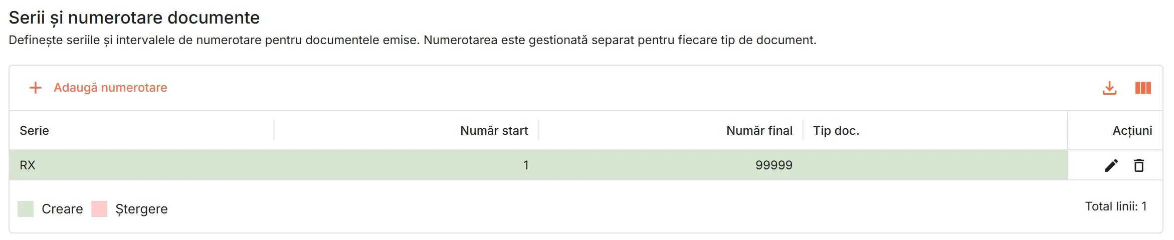 Secțiunea Serii și numerotare documente