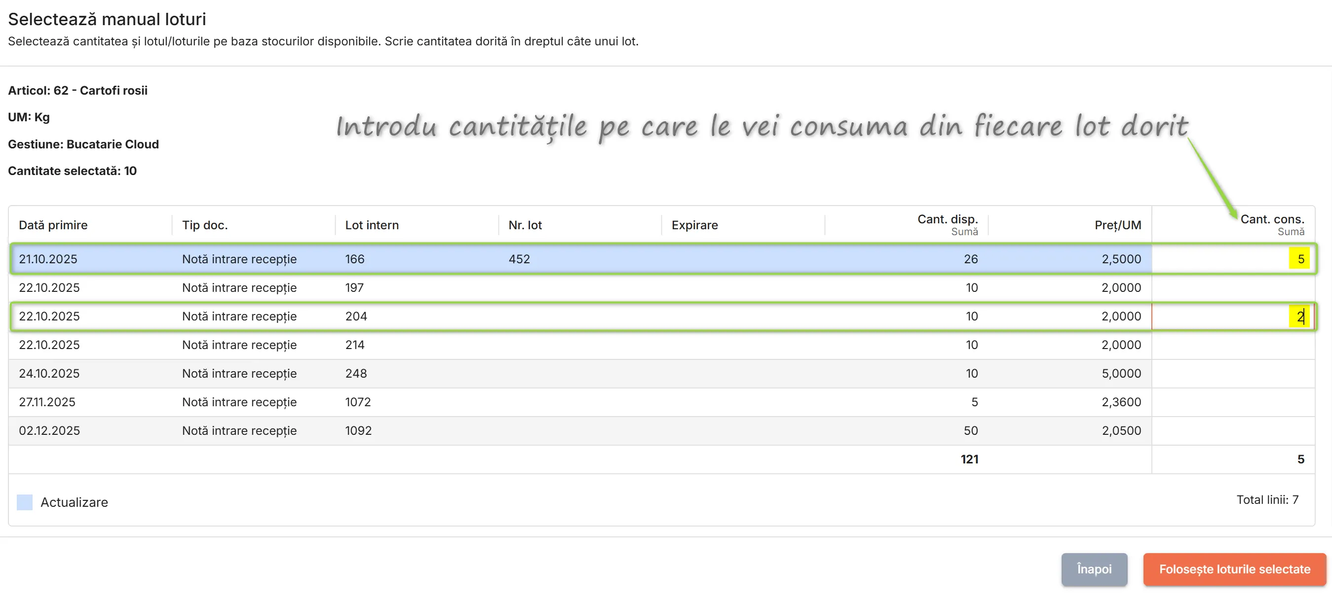 Alege câte un lot și introdu cantitatea consumată
