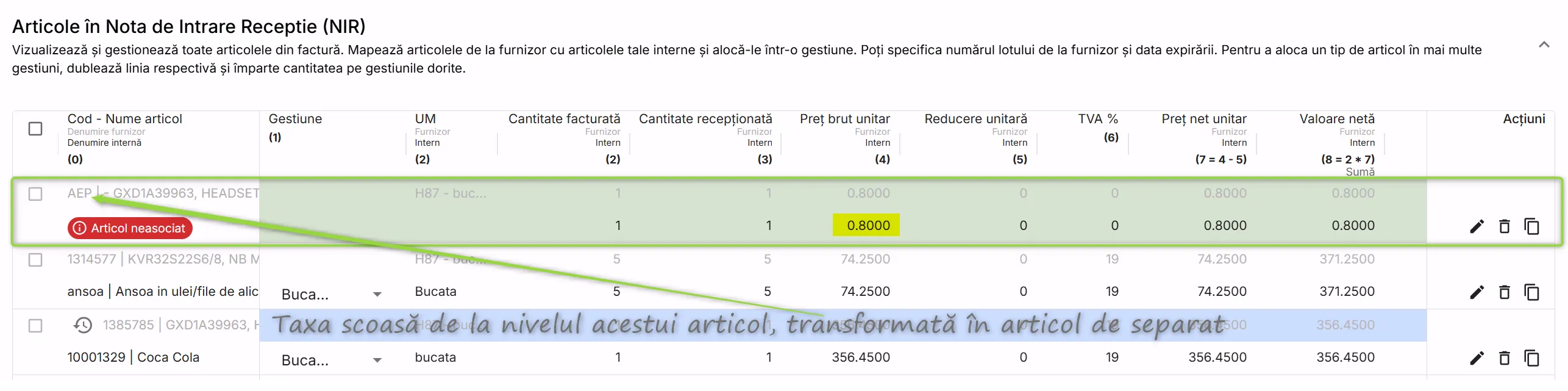 Creează taxa ca articol separat