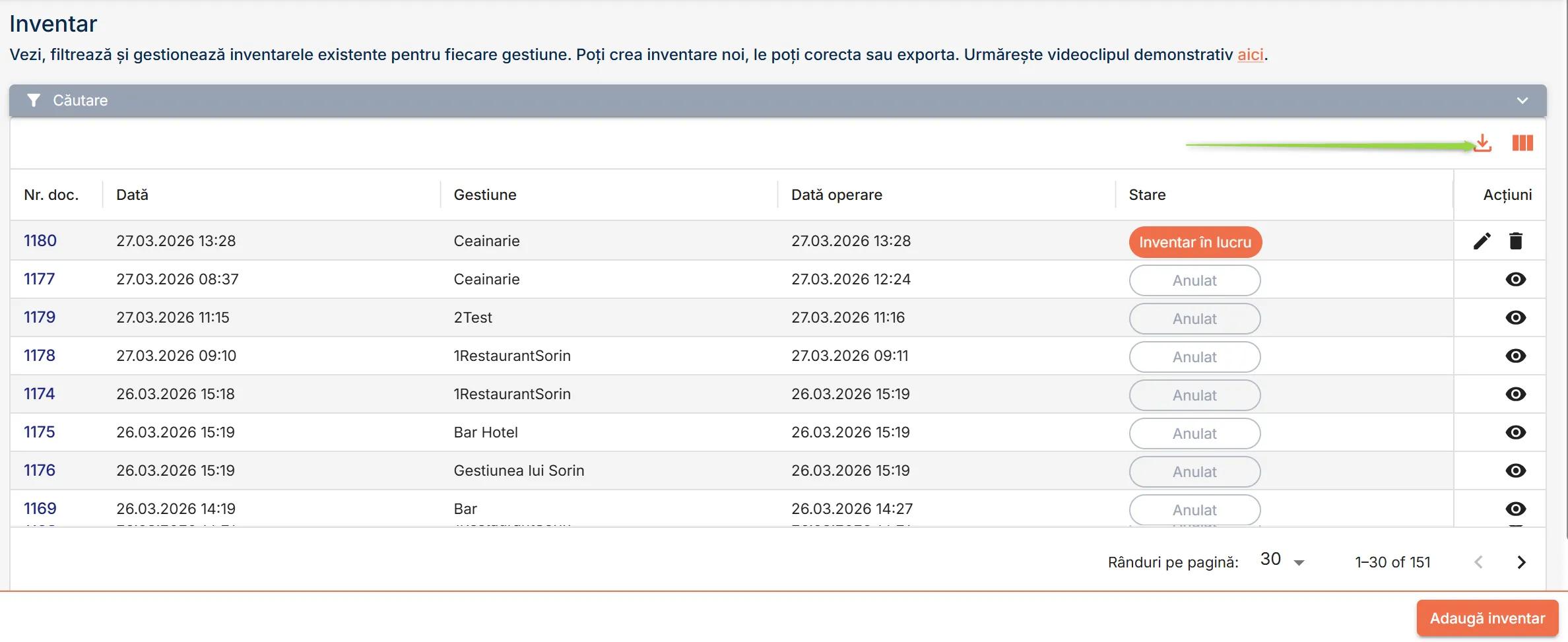 Exportă toate rândurile din tabelul Inventar Exportă toate rândurile din tabelul Inventar