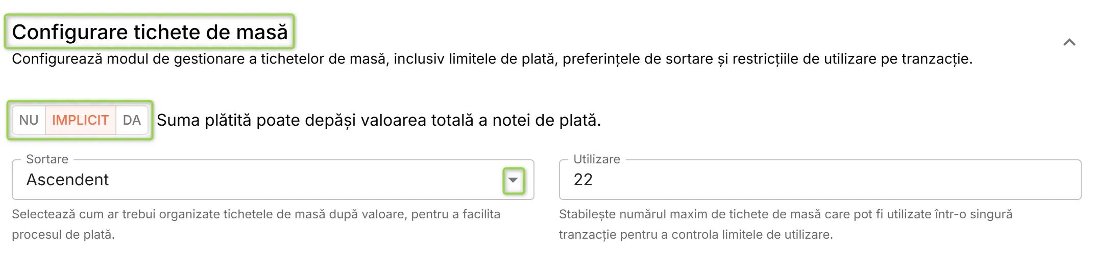 Secțiunea Configurare tichete de masă