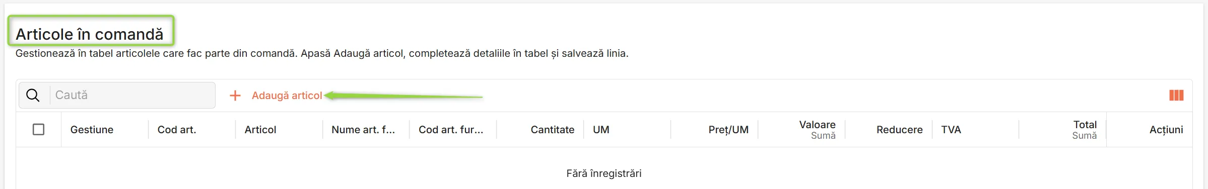 Secțiunea Articole în comandă