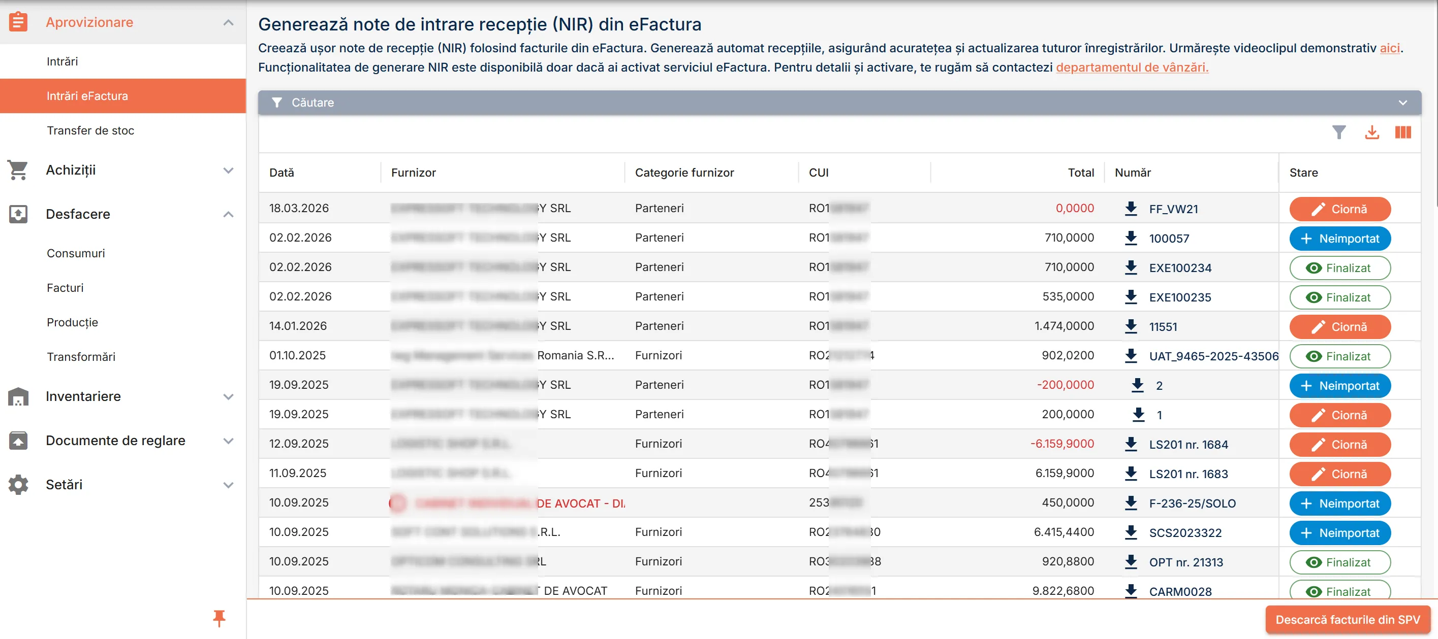 Pagina Generează note de intrare recepție (NIR) din eFactura