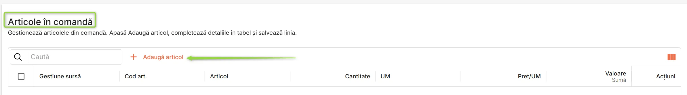Secțiunea Articole în comandă