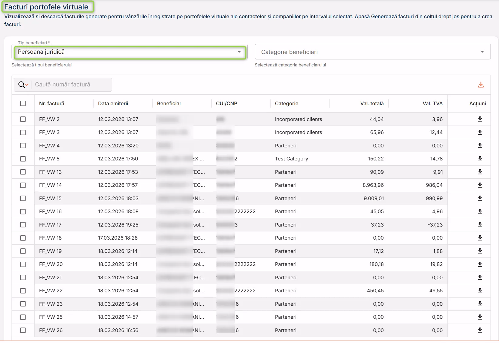 Facturile generate sunt afișate în lista de facturi