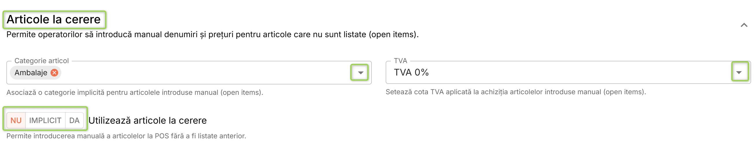 Secțiunea Articole la cerere
