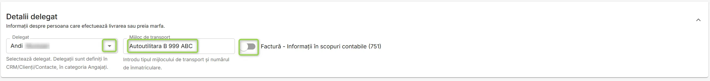 Secțiunea Detalii delegat Secțiunea Detalii delegat