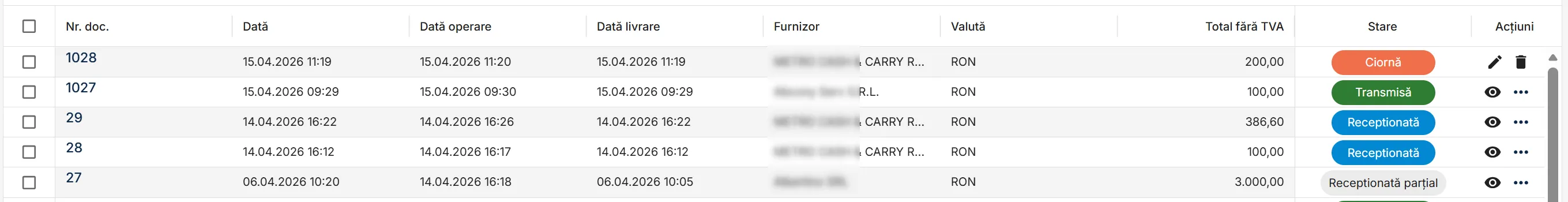 Lista comenzilor introduse în sistem