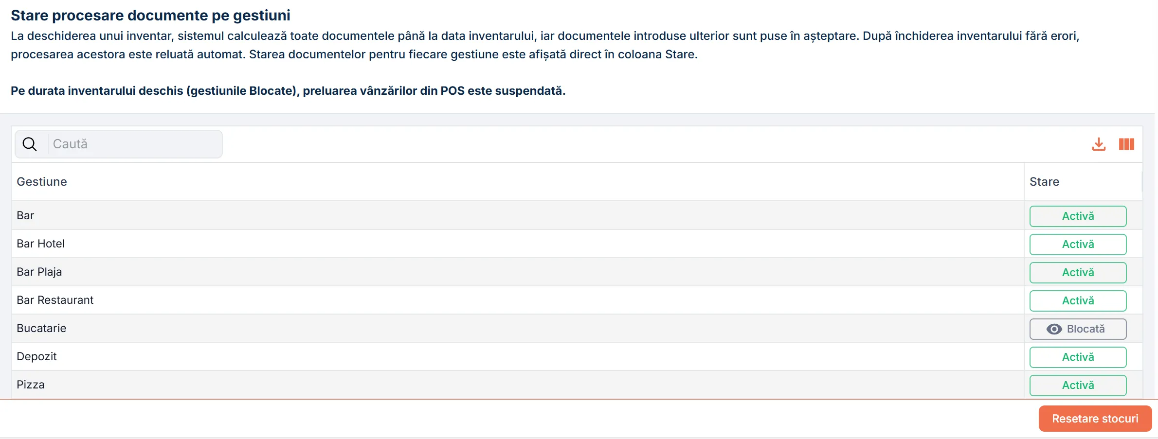 Pagina Stare procesare documente pe gestiuni