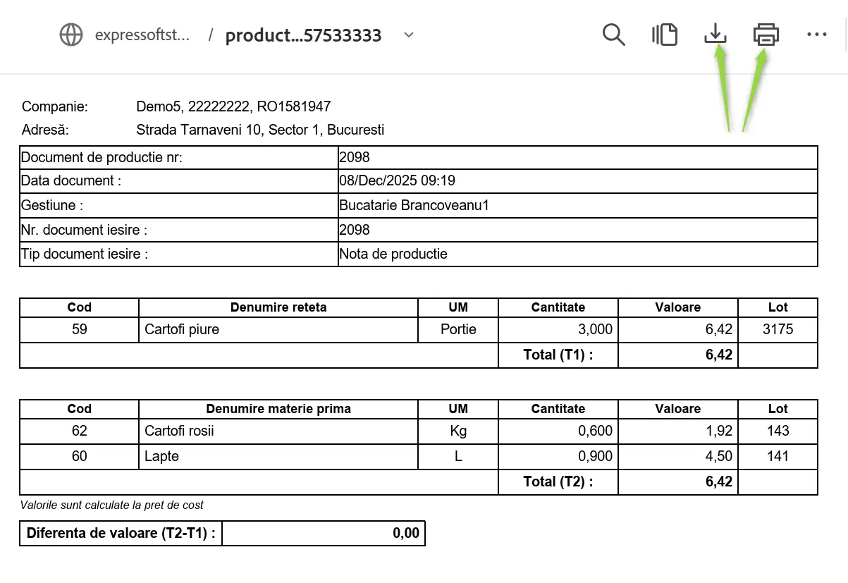 Document de producție descărcat în format PDF