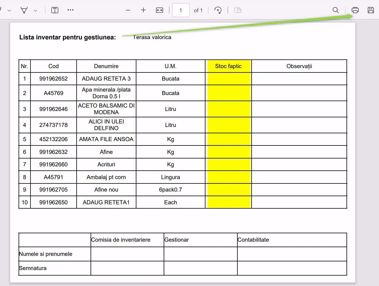 Lista inventar pentru gestiunea selectată Lista inventar pentru gestiunea selectată
