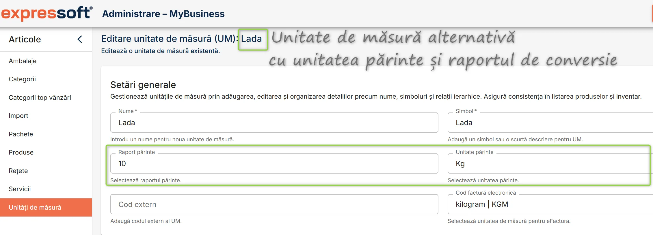 UM alternativă cu UM părinte și raport de conversie UM alternativă cu UM părinte și raport de conversie