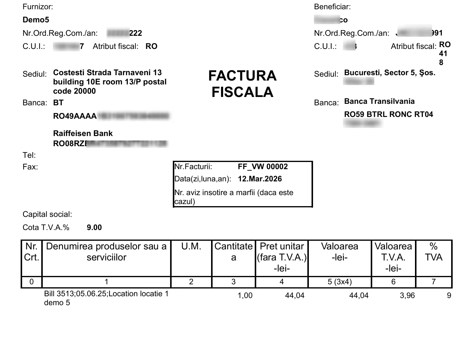 Exemplu de factură generată pentru consumul de pe un portofel virtual
