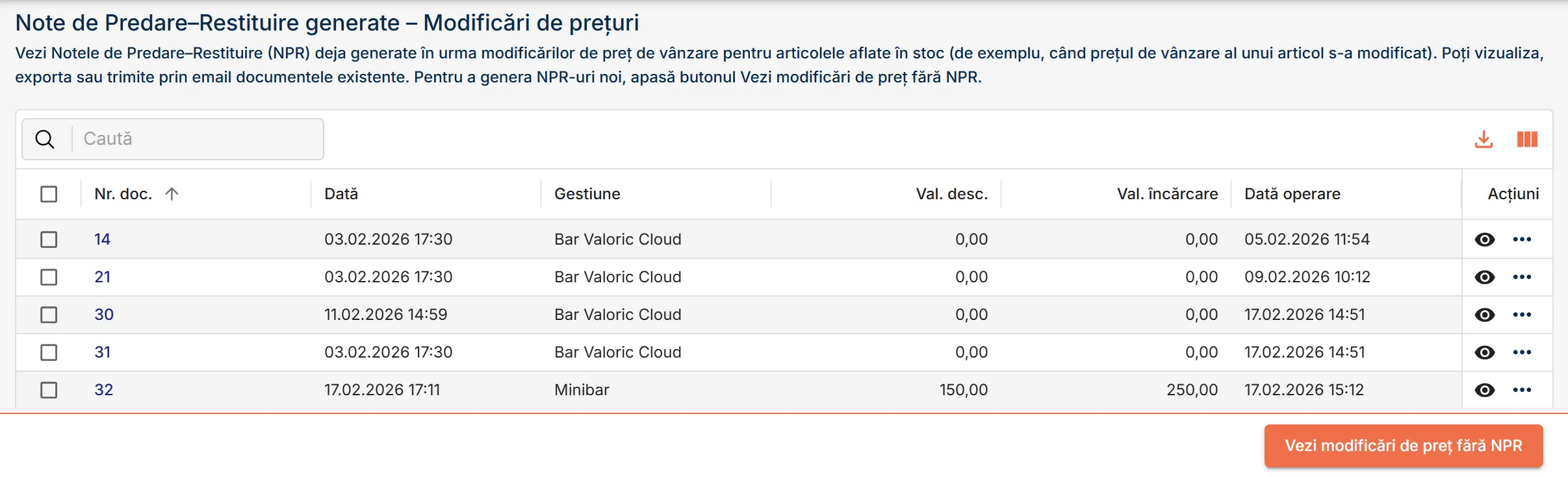Pagina Note Predare-Restituire - Modificări de prețuri