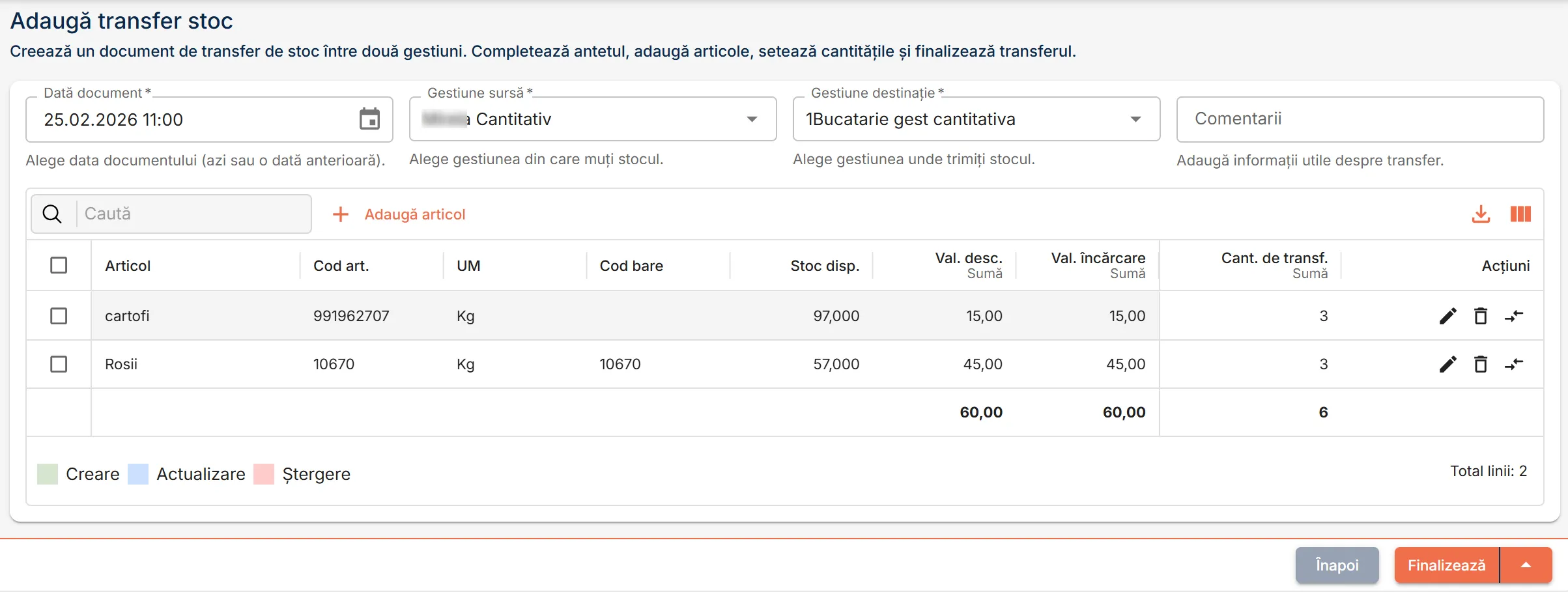 Pagina de copiere a unui transfer