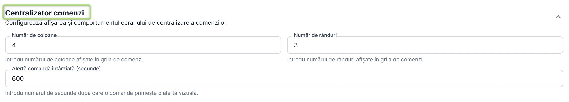 Secțiunea Centralizator comenzi