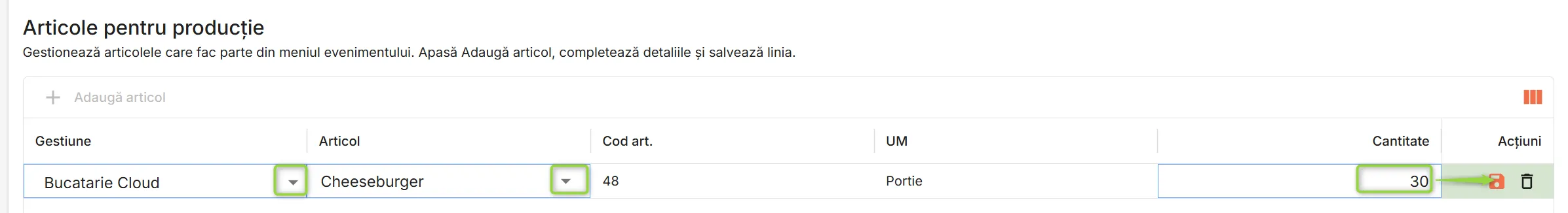 Alege gestiunea, articolul și introdu cantitatea