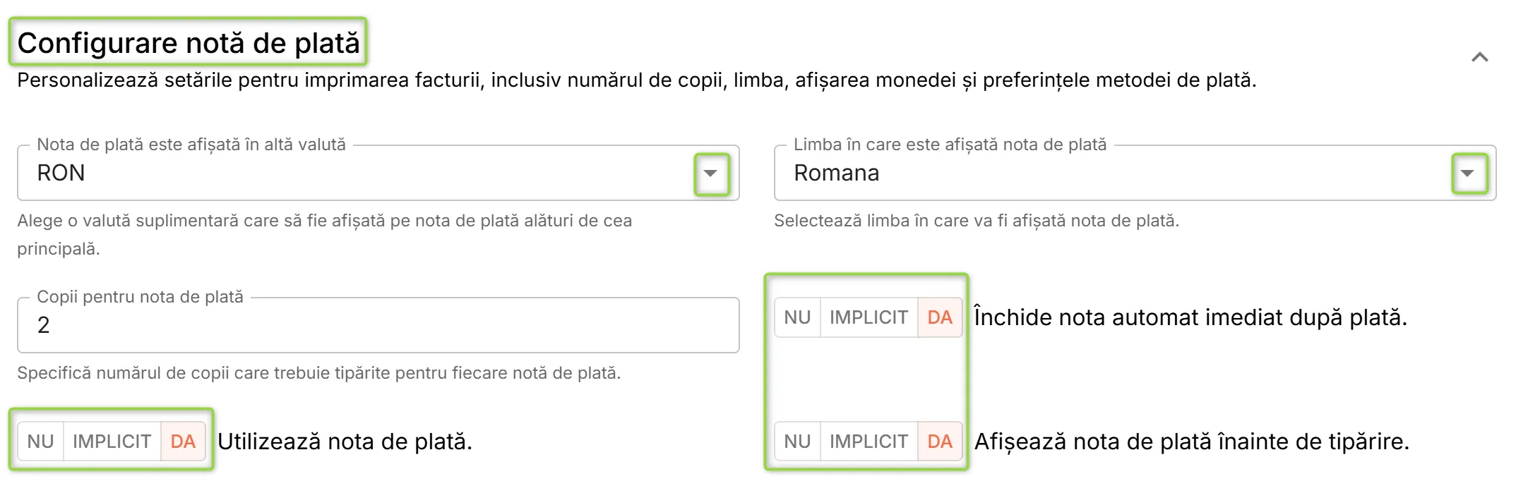 Secțiunea Configurare notă de plată