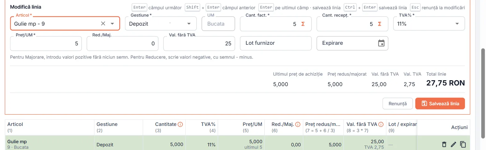 Editarea unei linii existente în formularul Linie nouă