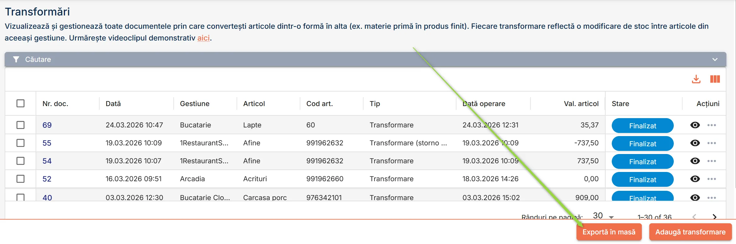 Apasă butonul Export în masă
