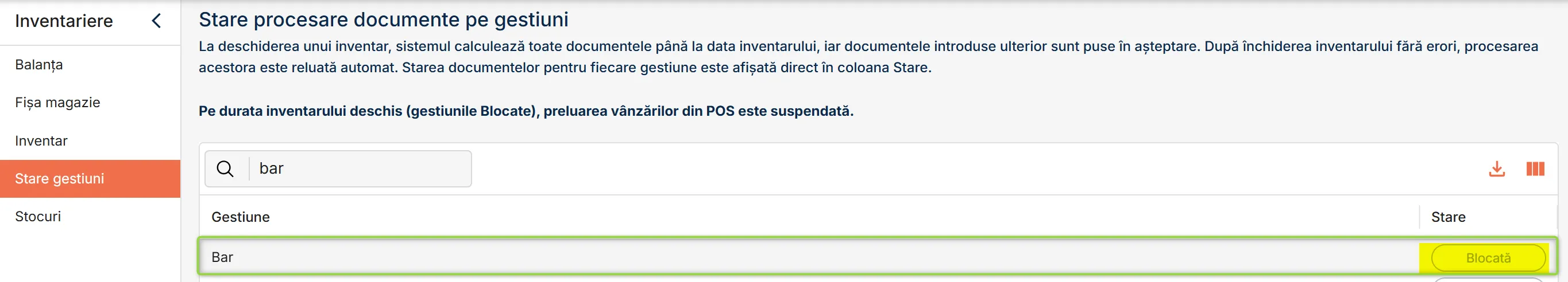 Meniul Stare gestiuni Meniul Stare gestiuni
