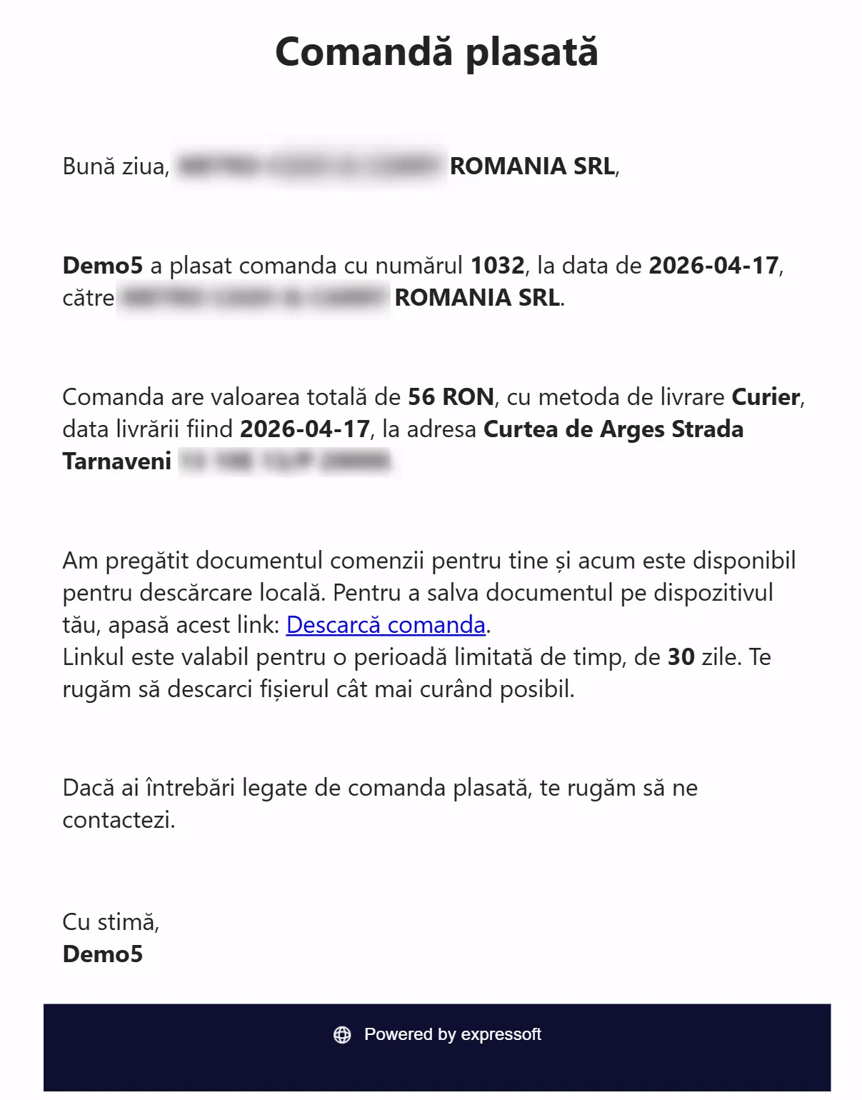 Mailul transmis pe adresa furnizorului
