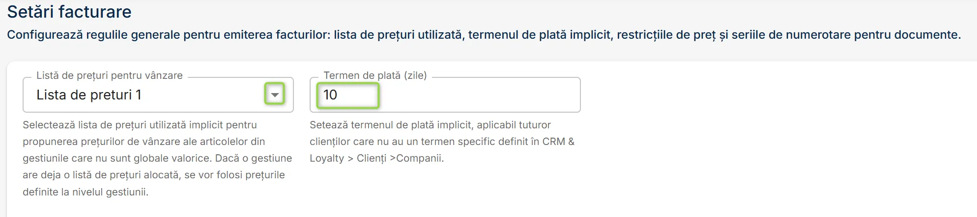 Setări facturare 