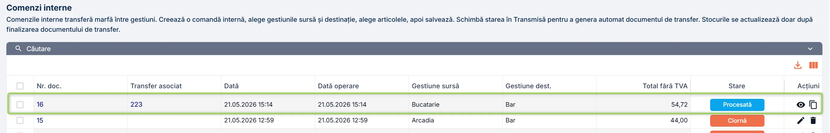 Comandă internă procesată după finalizarea documentului de transfer