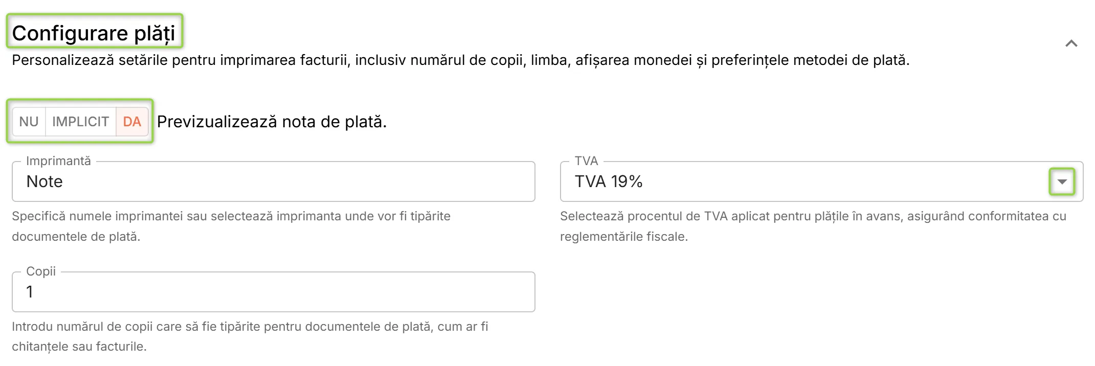 Secțiunea Configurare plăți