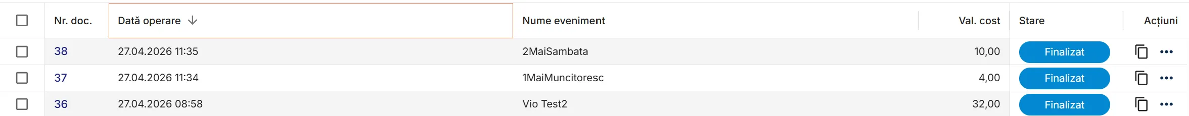 Listă meniuri evenimente