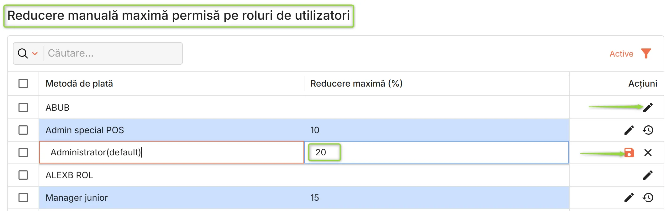 Tabelul Reducere manuală maximă permisă pe roluri de utilizatori