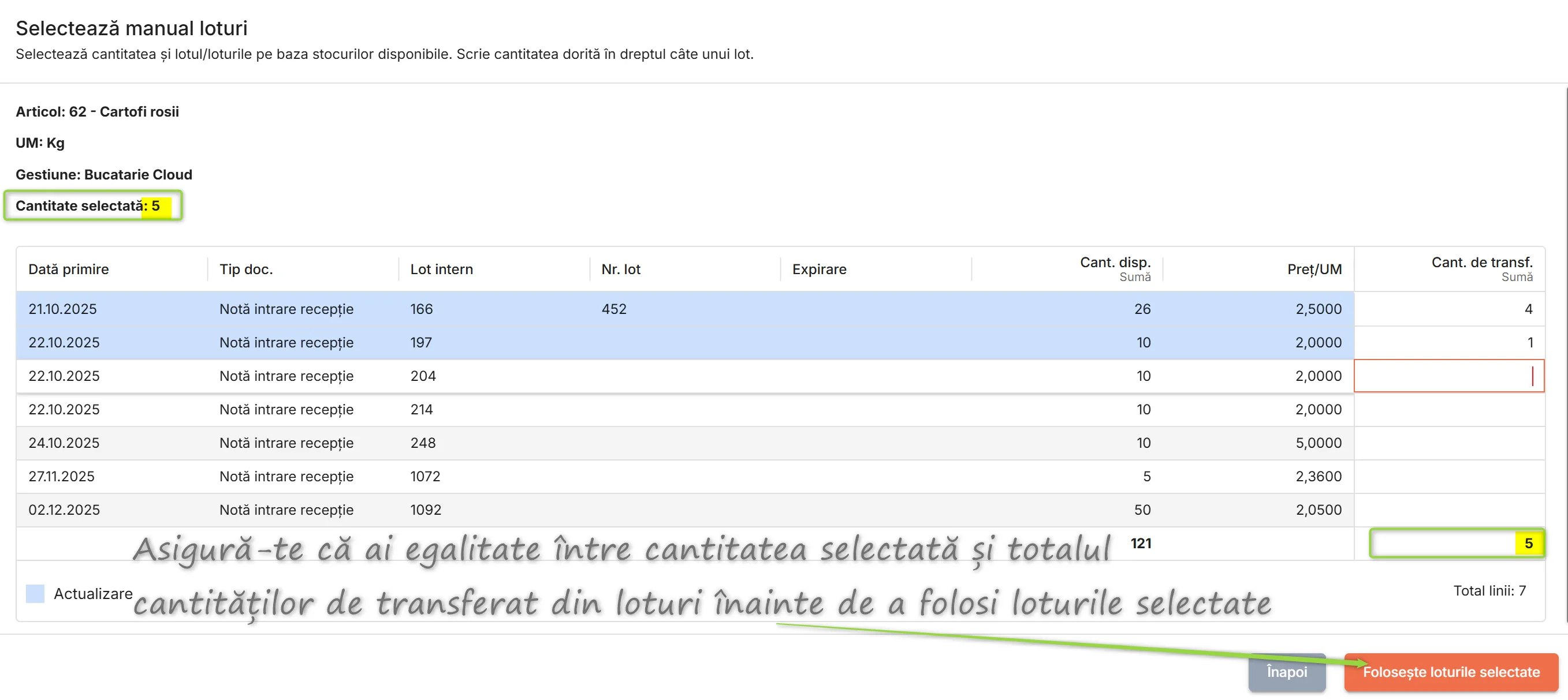 Cantitatea totală de transferat din loturi trebuie să fie egală cu cantitatea selectată