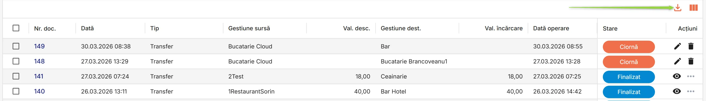 Exportă toate rândurile din tabelul Transferuri