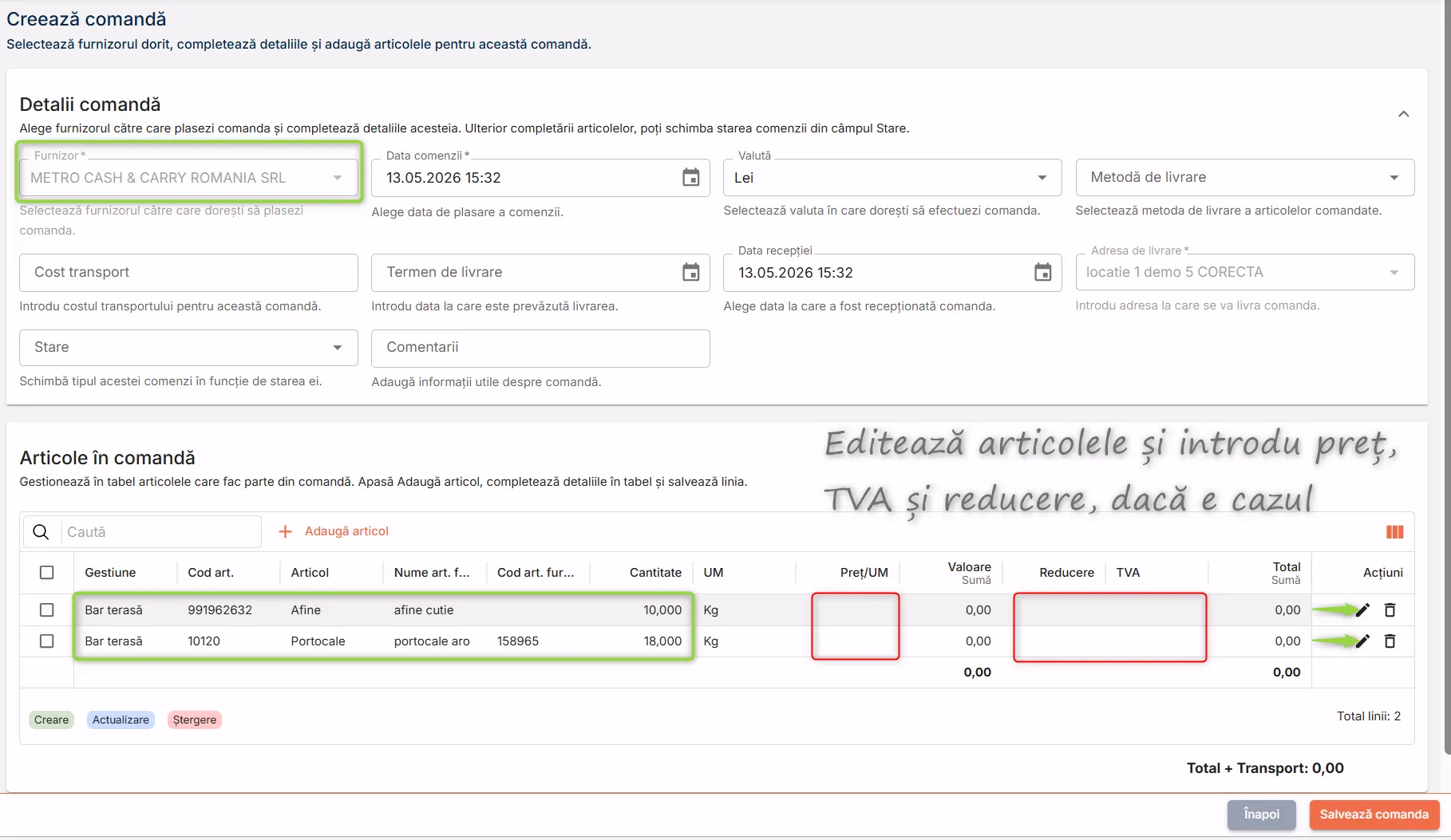 Document de comandă completat automat în baza alertei/alertelor selectate