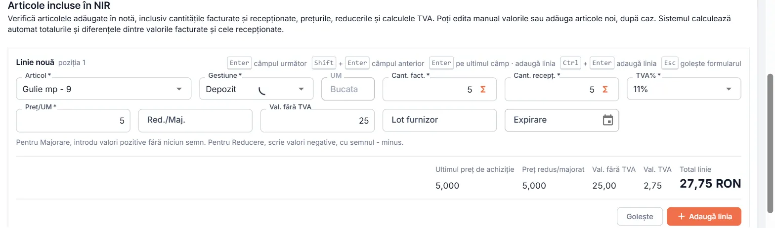 Adaugă articole în formularul Linie nouă