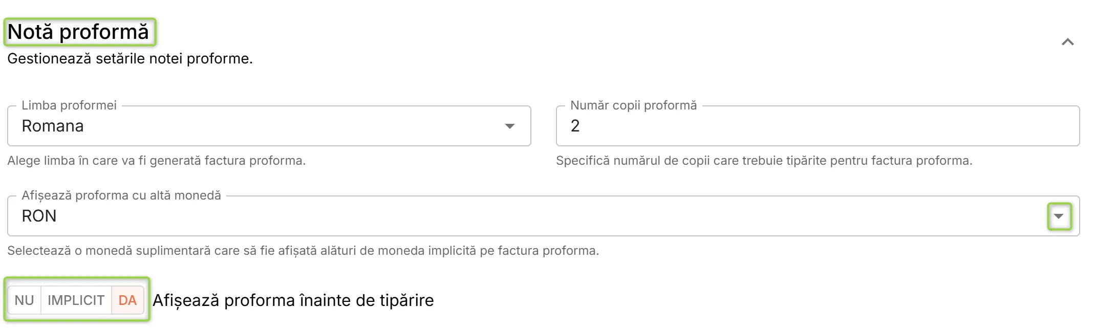 Secțiunea Notă proformă