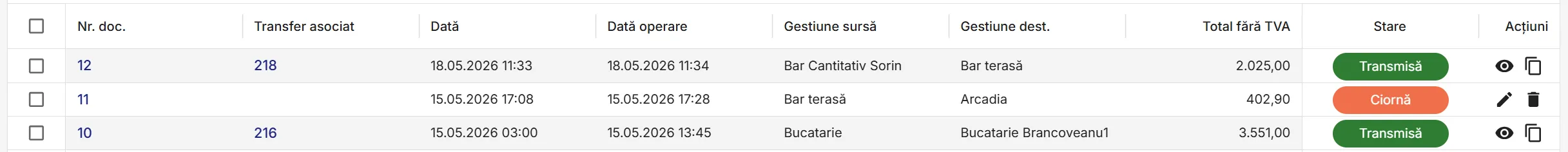 Lista comenzilor interne introduse în sistem