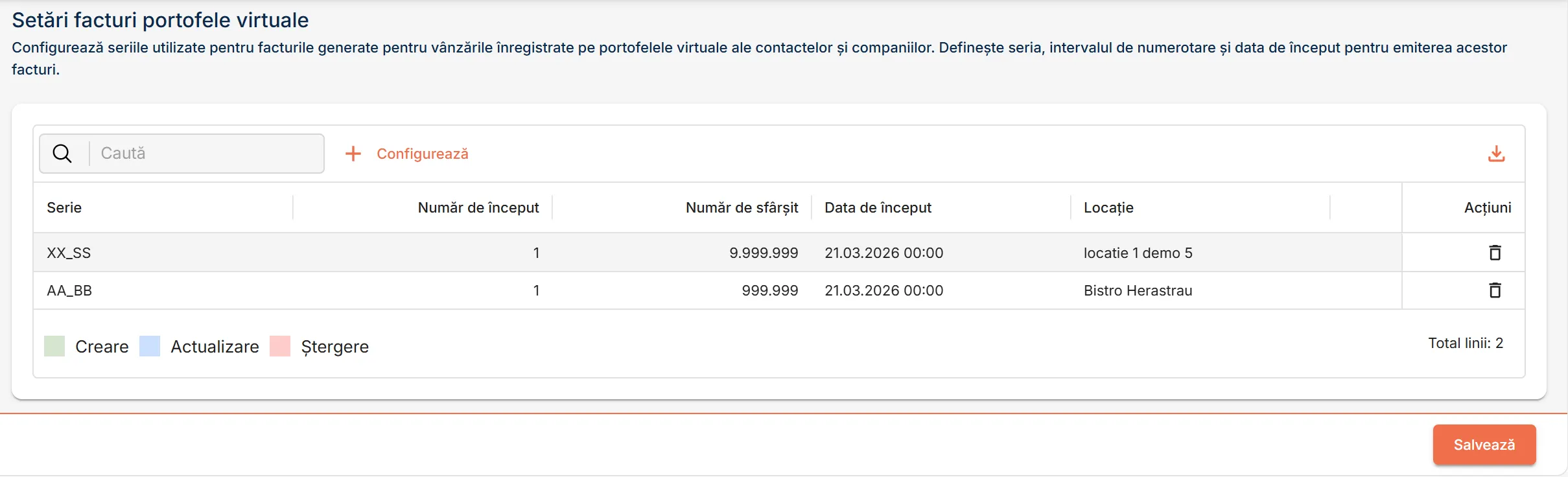 Pagina Setări facturi portofele virtuale