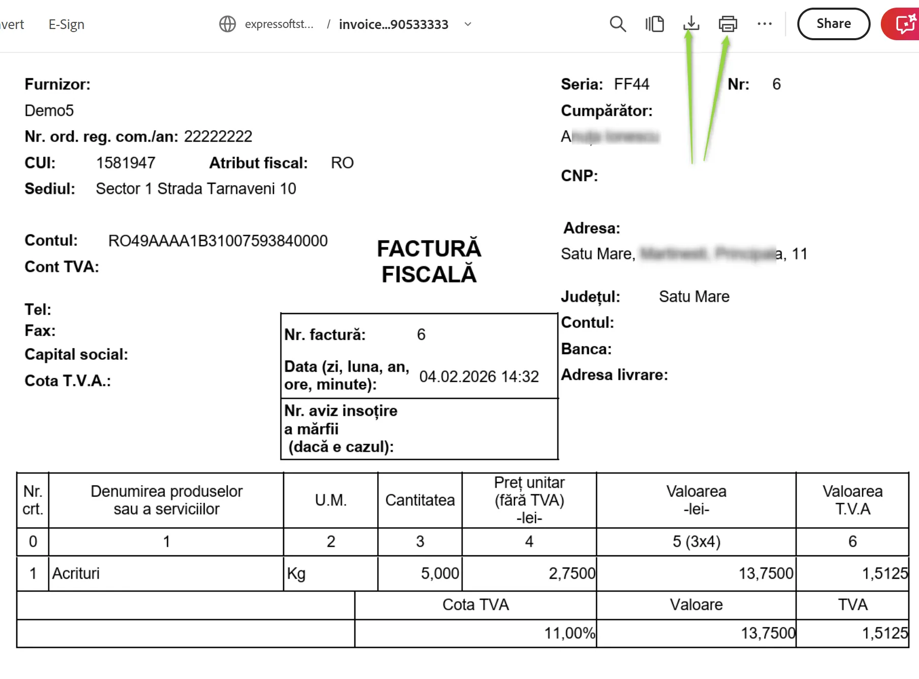 Factura afișată poate fi tipărită sau descărcată Factura afișată poate fi tipărită sau descărcată