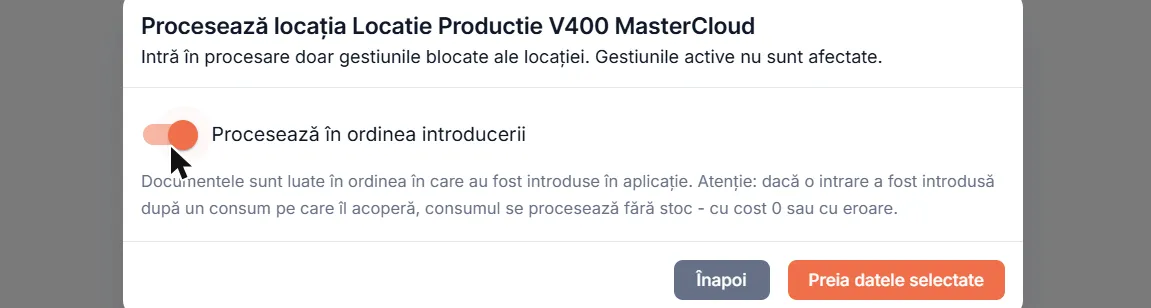 Alege ordinea în care sunt procesate documentele gestiunilor blocate din locația aleasă