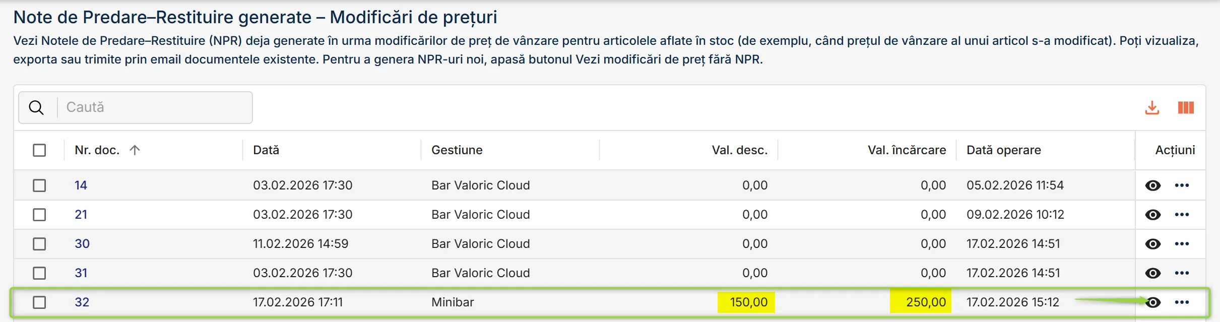 NPR generat pentru gestiunea selectată
