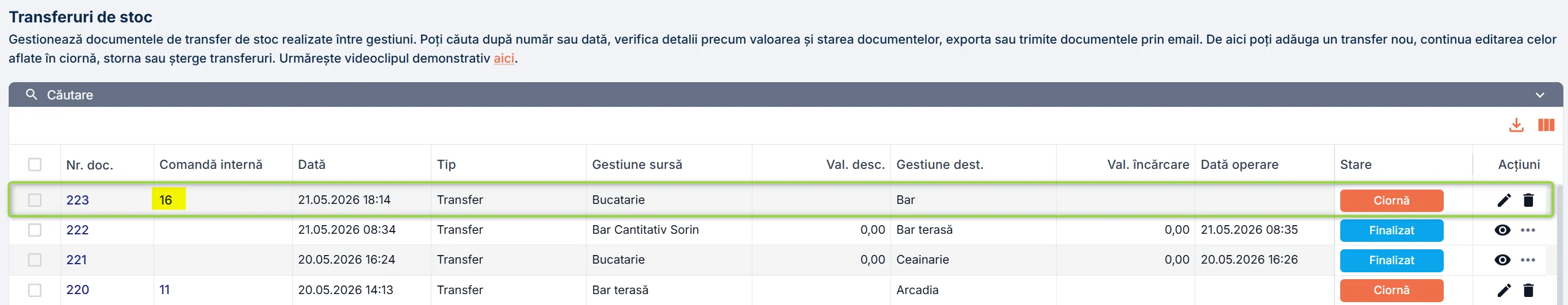 Transferul de stoc în starea Ciornă cu numărul comenzii interne