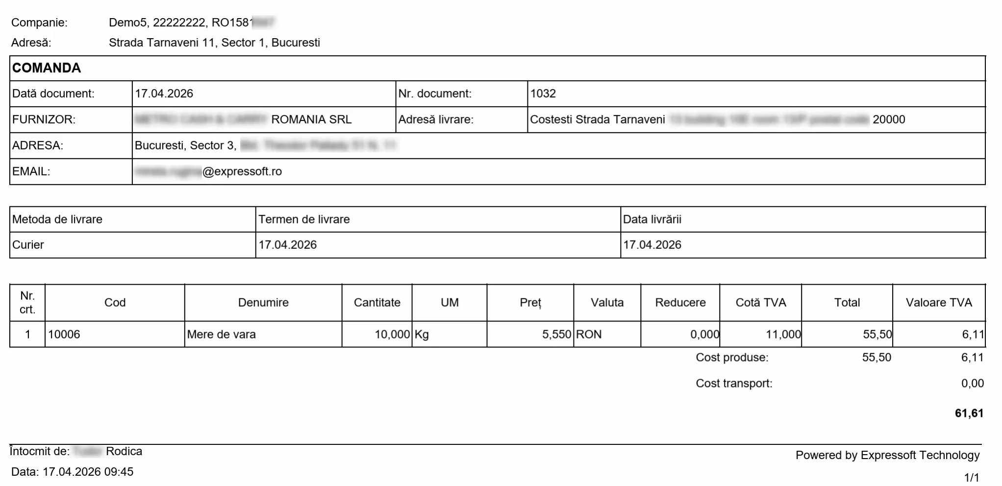 Formularul de comandă descărcat din mailul primit de furnizor
