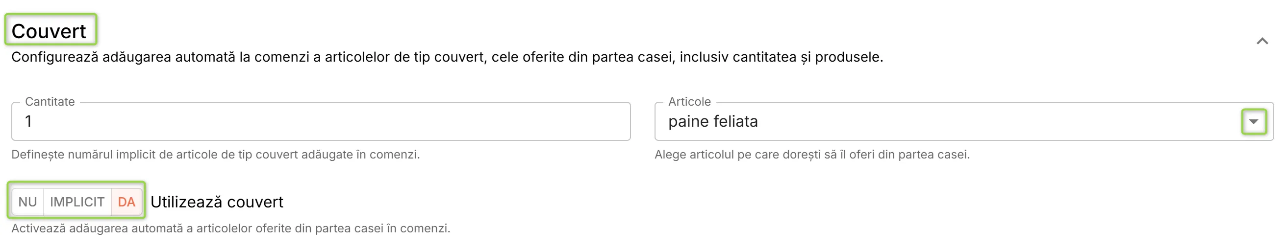 Secțiunea Couvert
